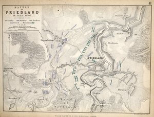 Kort over slaget ved Friedland, udgivet af William Blackwood and Sons, Edinburgh og London, 1848 (håndfarvet gravering)
